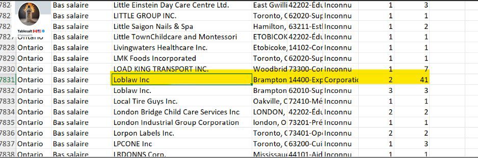 PHOTO: Screenshots Confirmed Loblaws Inc Employed 41 LMIA Foreign Workers In Q3 2024